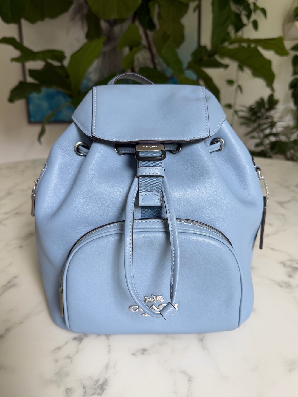 Coach Pace Smooth Leather Backpack Silver Cornflower Blue CR100 Logo Straps